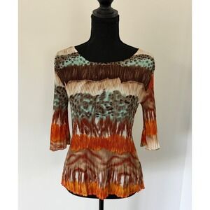 Y2K Artsy Boho Plisse Blouse Earth Tone Bell Sleeve Sheer Top Large